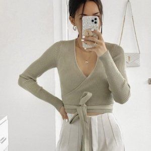 Zara Ribbed Taupe Tan Crop Wrap Tie Knit Sweater Long Sleeve Small